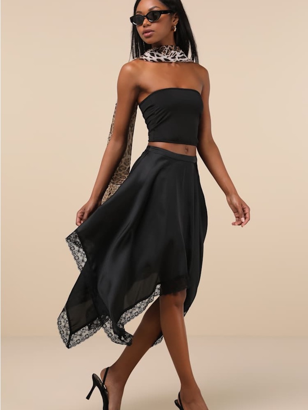 Lulu's NWT Indescribable Allure Black Satin Handkerchief Midi Skirt